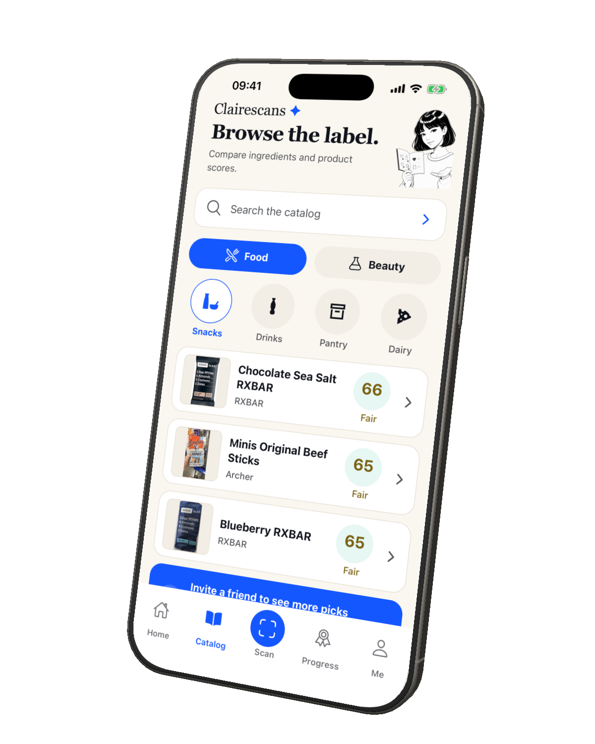 Claire's food catalog on an iPhone, with product photos, scores, and the Scan button in the center