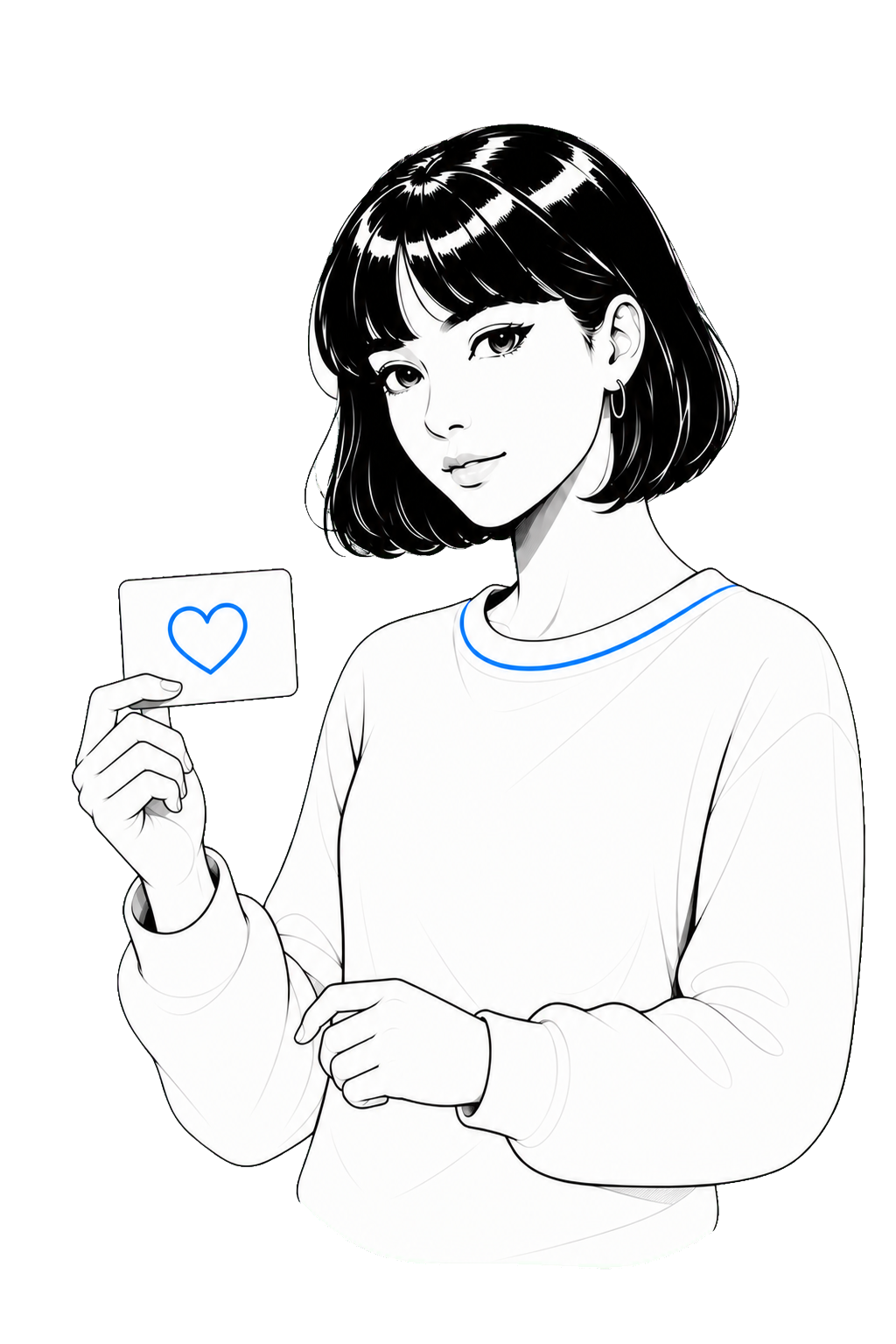 Claire holding a blue heart card