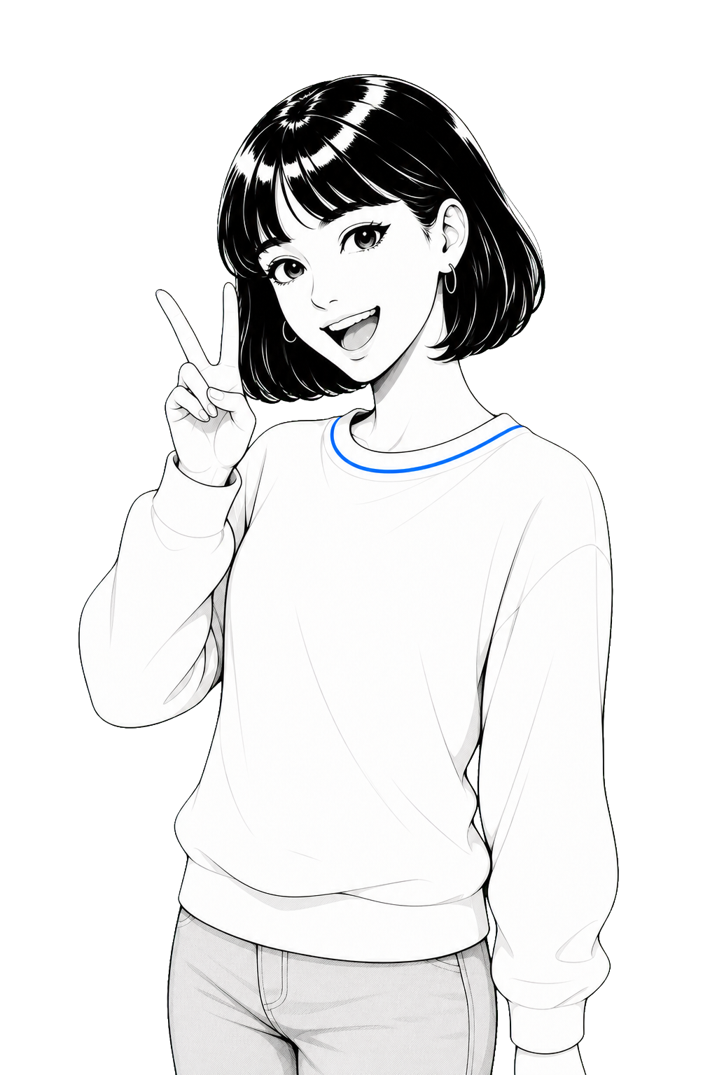 Claire smiling and making a peace sign